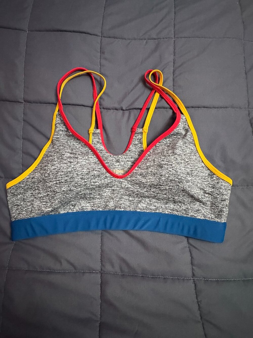 ENSMBL Sport Bra Gray w/ Blue, Red & Yellow Accents V-Neck Racerback - Size: L